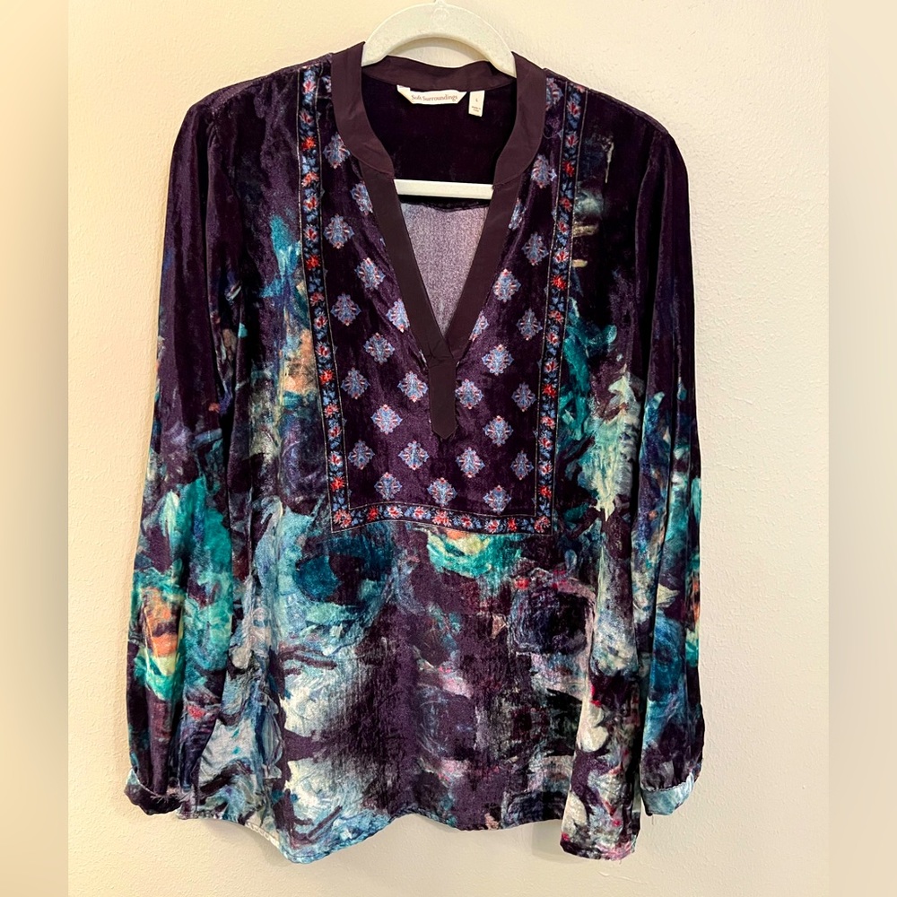 Soft Surroundings Women’s Camellia Velvet Dark Purple V-Neck Tunic Top sz Large